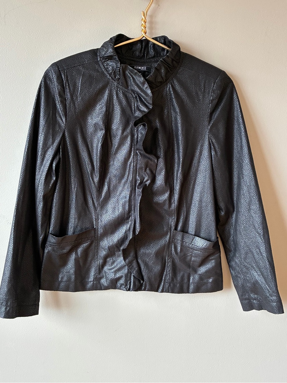 Black leather look ruffle trim jacket M